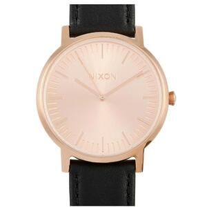 Nixon Minimalist Rose Gold Dial Black Leather Strap Watch